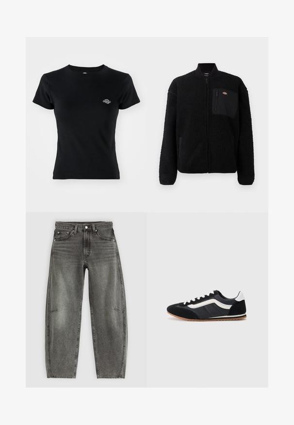 Zwarte fleece jas met een ronde kraag, een ritssluiting aan de voorkant en een borstzak. Beschikt over een zachte, gestructureerde oppervlakte en elastische manchetten.; Zwarte geribde T-shirt met een ronde halslijn en korte mouwen, voorzien van een klein geborduurd logo op de linker borstpartij.; Hoge taille grijs gewassen denim jeans met vijf zakken, knoopsluiting en een ontspannen rechte pasvorm.; Zwarte sportieve schoen met een bovenkant van suède en textiel, witte accenten, zes veterogen en een rubberen zool. Slanke vorm met een lage profiel.