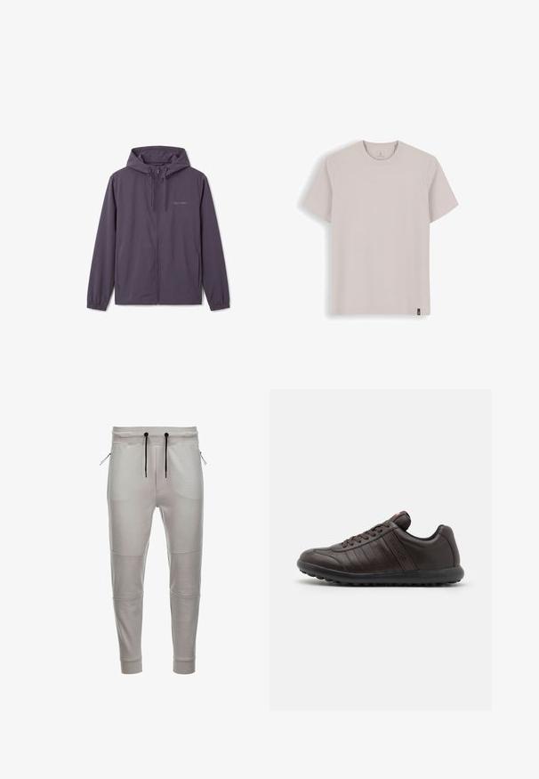 Donkergrijze hoodie met rits, verstelbare trekkoordkap, elastische boorden, zijzakken en subtiel Calvin Klein-logo op de borst.; Eenvoudig lichtbeige T-shirt met korte mouwen en ronde hals met een klein zwart merkenlabel aan de onderzoom op een witte achtergrond.; Lichtgrijze joggingbroek gemaakt van zacht materiaal met een elastische tailleband, zwarte trekkoorden, zijzakken met rits en ribgebreide boorden bij de enkels.; Bruin leren sneakers met een ronde neus, vetersluiting, subtiele stikdetails en een gestructureerde rubberen zool voor grip.