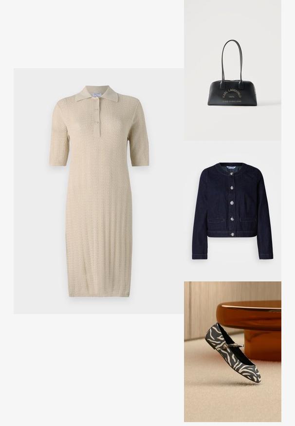 Mørk denimjakke med rund halsudskæring, sølvknapper, to forlommer og kort design. Sømme er synlige langs kanterne.; Strik creme kjole med korte ærmer, polo krave og knaplukning. Har et struktureret mønster, der løber lodret langs stoffet.; Sort-hvid flad sko med zebra-striber og en guld spænde strop hvilende på et tæppebelagt gulv nær et brunt, rundt bordben.; Sort rektangulær håndtaske med lange håndtag, guld "Karl Lagerfeld Paris" og adresse tekst foran, lynlås lukning øverst, minimalistisk baggrund.