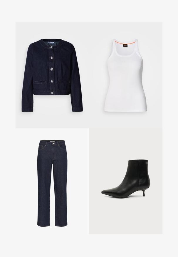 Mørk denimjakke med rund halsudskæring, sølvknapper, to forlommer og kort design. Sømme er synlige langs kanterne.; Hvid ribstrikket tanktop med rund halsudskæring, der har et smalt stropdesign og en orange detalje langs den indvendige halskant. Brandlogo vist.; Gestuz SUMMER WIDE - Wide leg - unwashed denim; Sort læder ankelstøvle med spids tå og lav kitten hæl på lys baggrund, der viser yderside.