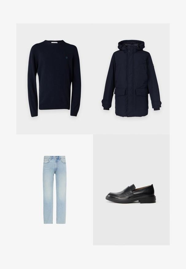 Marineblauwe parka met capuchon, ritssluiting en drukknoopsluitingen, en twee voorzakken. Voorzien van geribde manchetten en een strak, gestructureerd oppervlak.; Marineblauw gebreid sweater met lange mouwen, ronde halslijn en een klein logo op de borst. Glad textuur en aansluitend ontwerp.; Lichtblauwe straight-leg spijkerbroek met knoopsluiting aan de voorkant en een ontwerp met vijf zakken, inclusief een klein Calvin Klein-label op de voorzak.; Zwarte leren instap schoenen met een lage hak en subtiel Calvin Klein-logo aan de zijkant, weergegeven in profiel op een witte achtergrond.