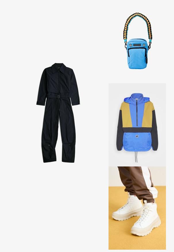 Kleurige windbreaker met blauwe, gele en zwarte panelen. Heeft een ritskraag, verstelbare zoom en een logo-opdruk aan de voorkant.; Zwarte jumpsuit met lange mouwen en kraag, ritssluiting aan de voorkant, verstelbare riem in de taille en ritsen nabij de onderkant van brede pijpen op een witte achtergrond.; Witte hoge sneakers met een chunky, gestructureerde zool, voorzien van een gladde bovenkant, ronde neus en tonale veters, tegen een gele achtergrond.; Lichtblauwe stof schoudertas met een patroon geweven schouderriem; heeft een voorzak met rits en decoratieve hardware details.