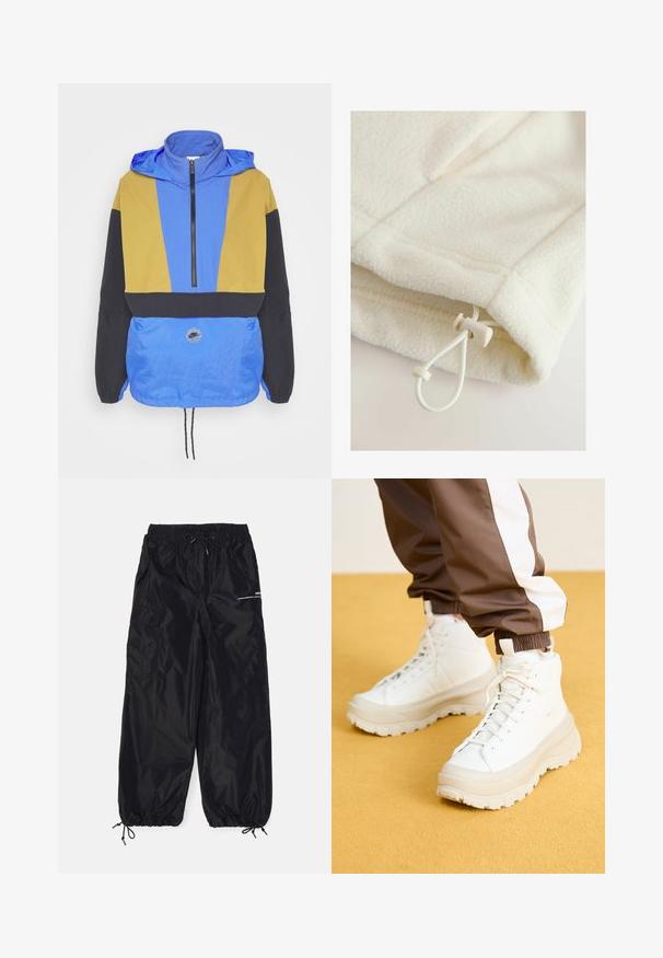 Farverig vindjakke med blå, gul og sorte paneler. Har en lynlåset krave, justerbar kant og et logo-patch på fronten.; Fleece-tøj i off-white med en blød tekstur, der har en toggle og snor til justering nederst.; Sorte cargobukser lavet af blank nylon med elastisk talje, justerbar snor, sidelommer og elastiske manchetter.; Hvide højtop sneakers med en kraftig, tekstureret sål, der har en glat overdel, rund tå og tonede snørebånd, placeret mod en gul baggrund.