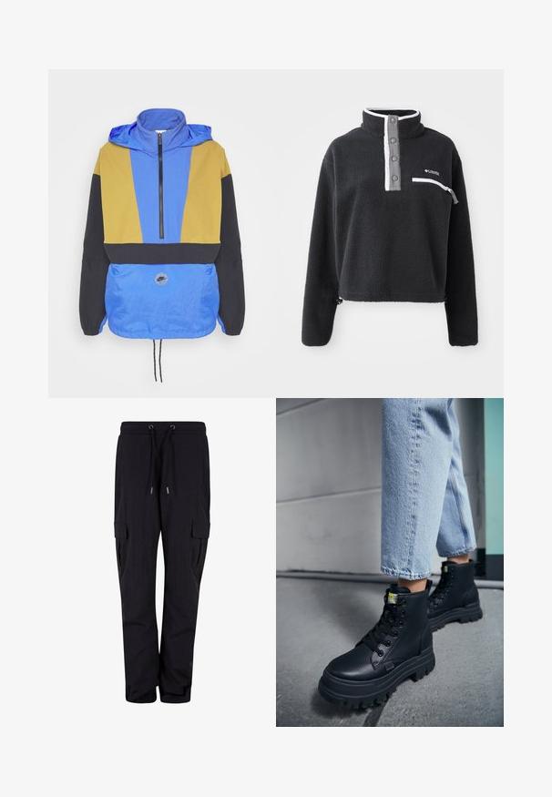 Farverig vindjakke med blå, gul og sorte paneler. Har en lynlåset krave, justerbar kant og et logo-patch på fronten.; Sort fleece pullover med halv lynlås krave, der har en brystlomme og kontrasterende hvide og grå detaljer. Blød tekstur, cropped design.; Sorte cargo bukser lavet af blødt stof, med en elastisk talje og snore, samt sidelommer. Lige ben-design.; Person iført lyseblå jeans og sorte chunky snørestøvler, der står på et betongulv nær en væg.