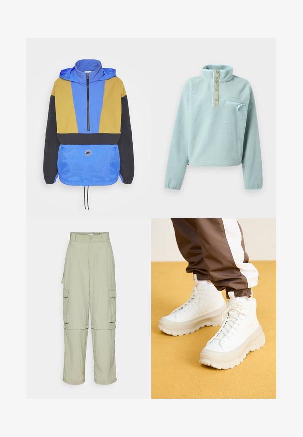 Farverig vindjakke med blå, gul og sorte paneler. Har en lynlåset krave, justerbar kant og et logo-patch på fronten.; Lyseblå fleecepullover med beige lynlåslomme på brystet, høj krave, elastiske manchetter og trykknapstolpe.; Lyse beige cargo bukser med bæltestropper, sidelommer med klap og lynlåsben, der kan tages af og omdannes til shorts.; Hvide højtop sneakers med en kraftig, tekstureret sål, der har en glat overdel, rund tå og tonede snørebånd, placeret mod en gul baggrund.