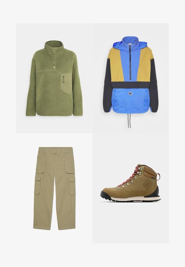 Rompevientos colorido con paneles azules, amarillos y negros. Cuenta con un collar con cremallera, dobladillo ajustable y parche de logo en la parte frontal.; Sudadera de forro polar verde oliva con un cuello alto, tres botones y un bolsillo en el pecho con cremallera. Textura suave con detalles de costura en contraste.; Pantalones cargo caqui con múltiples bolsillos con solapa en la parte delantera y los laterales, diseño de pierna recta y trabillas en la cintura.; Bota de senderismo marrón con cordones rojos, ojales de metal, acabados de cuero y suela de goma. Presenta una puntera redondeada y un cuello acolchado.