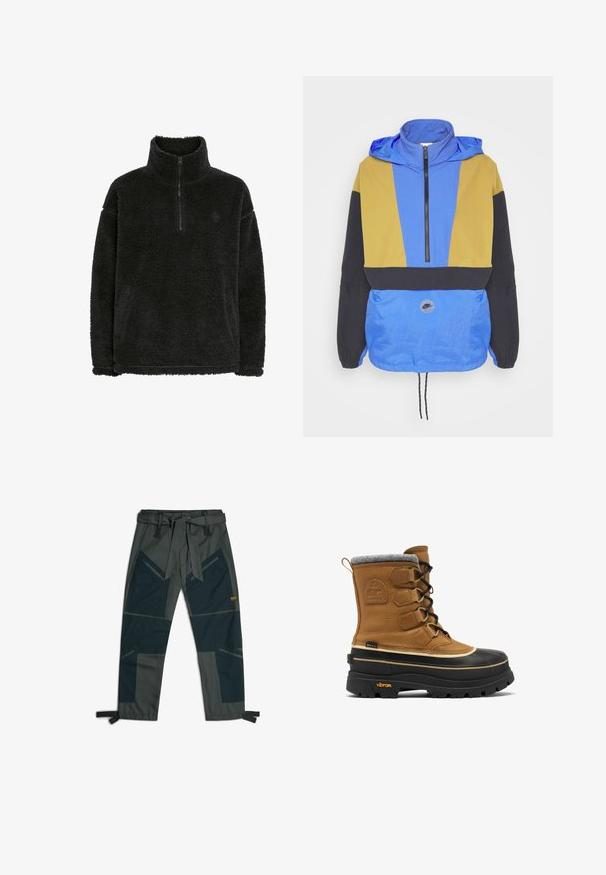 Bunter Windbreaker mit blauen, gelben und schwarzen Einsätzen. Verfügt über einen Reißverschlusskragen, einen verstellbaren Saum und ein Logopatch auf der Vorderseite.; Schwarzer Fleece-Pullover mit einem Reißverschlusskragen, weicher, strukturierter Oberfläche und bequemer Passform. Verfügt über eine Naht entlang des Saums und der Bündchen.; Hose mit einem Gürtel, die eine Kombination aus dunkelgrünem und grauem Stoff aufweist, ein eckiges Patchwork-Design, mehrere Taschen und verstellbare Knöchelriemen hat.; Hellbrauner Lederstiefel mit grauem Filzkragen, schwarzer Gummisohle, sichtbarer Schnürung und Vibram-Logo an der Ferse. Ausgestattet mit wasserdichten Materialien.