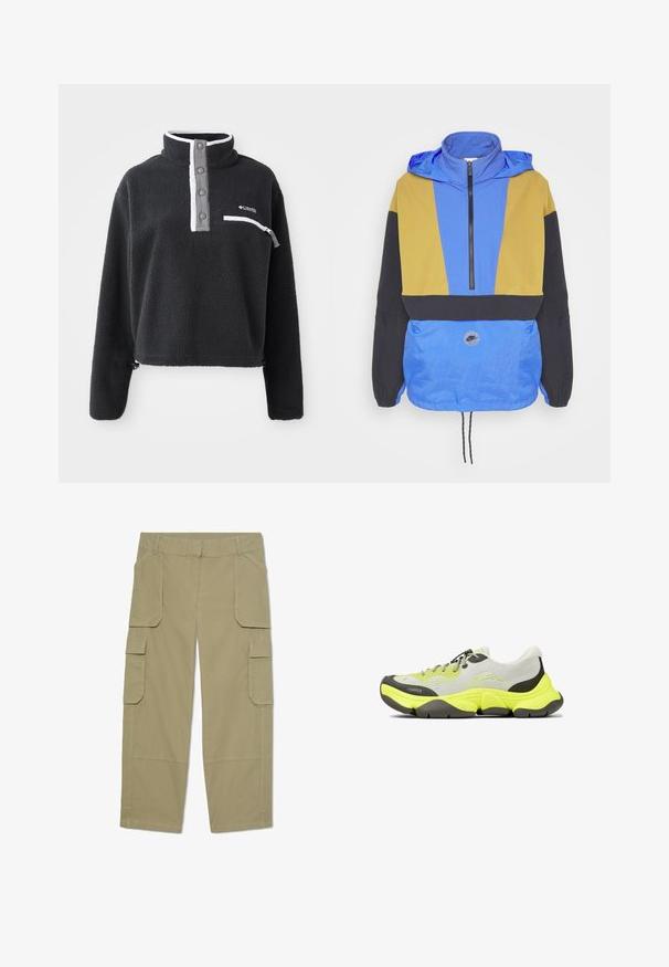 Rompevientos colorido con paneles azules, amarillos y negros. Cuenta con un collar con cremallera, dobladillo ajustable y parche de logo en la parte frontal.; Sudadera de forro polar negra con cuello de media cremallera, que presenta un bolsillo en el pecho y acentos en blanco y gris contrastantes. Textura suave, diseño recortado.; Pantalones cargo caqui con múltiples bolsillos con solapa en la parte delantera y los laterales, diseño de pierna recta y trabillas en la cintura.; Zapatillas bajas con suela gruesa en amarillo neón y gris, parte superior de malla gris claro, detalles en negro y cordones grises con patrón.