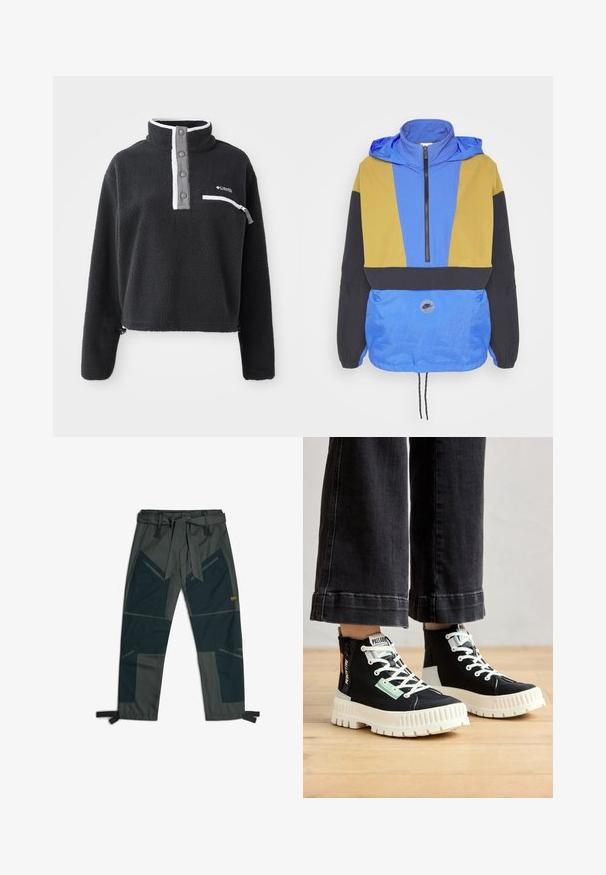 Kleurige windbreaker met blauwe, gele en zwarte panelen. Heeft een ritskraag, verstelbare zoom en een logo-opdruk aan de voorkant.; Zwarte fleece pullover met een ritskraag, voorzien van een borstzak en contrasterende witte en grijze accenten. Zachte textuur, cropped ontwerp.; Broek met een riem, voorzien van een mix van donkergroene en grijze stoffen, hoekig patchworkontwerp, meerdere zakken en verstelbare enkelbandjes.; Zwarte high-top sneakers met witte rubberen zolen, gestructureerde stof, groene en oranje accenten, en witte veters. Gedetailleerde stiksels aan de zijkanten.