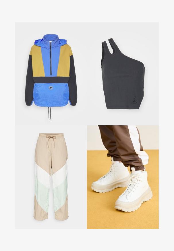 Farverig vindjakke med blå, gul og sorte paneler. Har en lynlåset krave, justerbar kant og et logo-patch på fronten.; Sort ribbet tanktop med et unikt asymmetrisk design, der har en bred strop og en smal strop, inklusive et lille logo ved kanten.; Letvægtige, farveblokerede bukser har beige, hvid og lys grønne paneler i et chevron-design. Elastisk talje med justerbar snørelukning.; Hvide højtop sneakers med en kraftig, tekstureret sål, der har en glat overdel, rund tå og tonede snørebånd, placeret mod en gul baggrund.