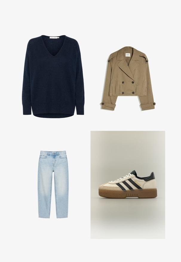 Beige, gekürzte zweireihige Jacke mit weitem Kragen, geknöpften Schulterklappen und Manschettenriemen, flach auf weißem Hintergrund gelegt.; Marineblauer, langärmeliger V-Ausschnitt-Pullover aus Strick mit gerippten Bündchen und Saum, hinten etwas länger.; Hellblaue Straight-Leg Jeans aus Denim mit vorderem Knopf, Reißverschluss, Gürtelschlaufen und Fünf-Taschen-Stil auf weißem Hintergrund.; Weißer Adidas Sneaker mit schwarzen Streifen, beiger Wildlederkappe, brauner Sohle und "SPEZIAL" in goldener Schrift an der Seite.