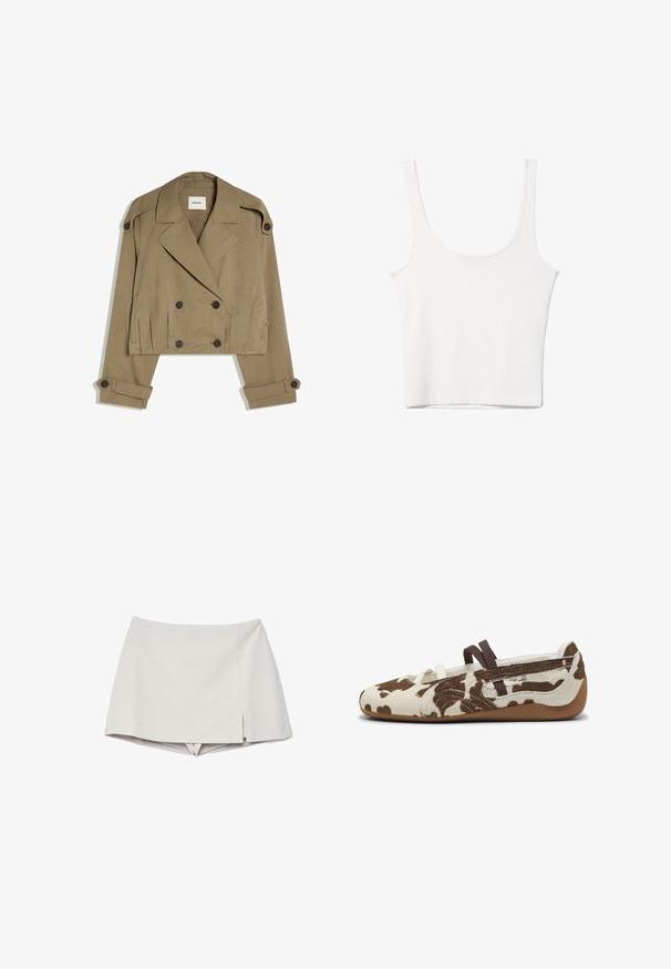 Beige cropped dobbeltradet jakke med bred krave, knapstolper på skulderne og manchetremme, lagt fladt på hvid baggrund.; Hvid bomulds tanktop med en rundet halsudskæring, uden ærmer og en tætsiddende pasform. Glat tekstur, ensartet design og minimale syninger.; Beige skort med høj talje og en lille frontslids på højre side, ser ud som en nederdel med korte bukser under.; Flade sko i købmælkprint med en struktureret overdel i brun og creme, elastiske remme og en gummisål med et fleksibelt design.