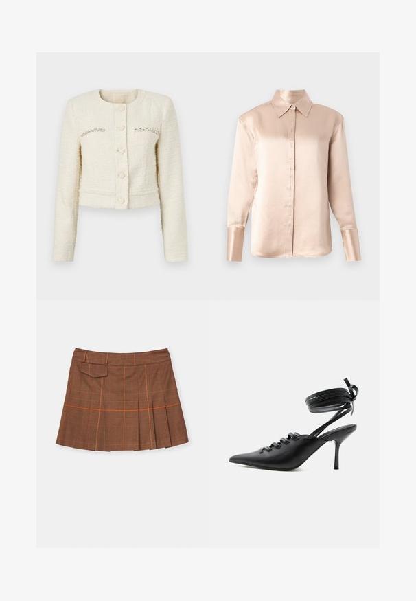Valge lühike jakk tekstuurse kangaga, ümar kaelus, viis nööpi ja kristallaktsentidega rinnataskutel.; Satiinist blouse pehmes beežis klassikalise krae, pikkade varrukate, nööbitlemise ja veidi ülekaaluka lõikega. Sile tekstuur, minimaalsed detailid.; Pruun ruuduline seelik, millel on volditud disain, oranžid aksendid ja küljetasku. Valmistatud tekstuurilisest materjalist, kitseneva vöökohtadega.; Mustad terava ninaga kõrgete kontsadega kingad, ees pitsid ja ümber pahkluu seotud rihmad, mis on lipsuks kinni seotud, küljelt valgel taustal.