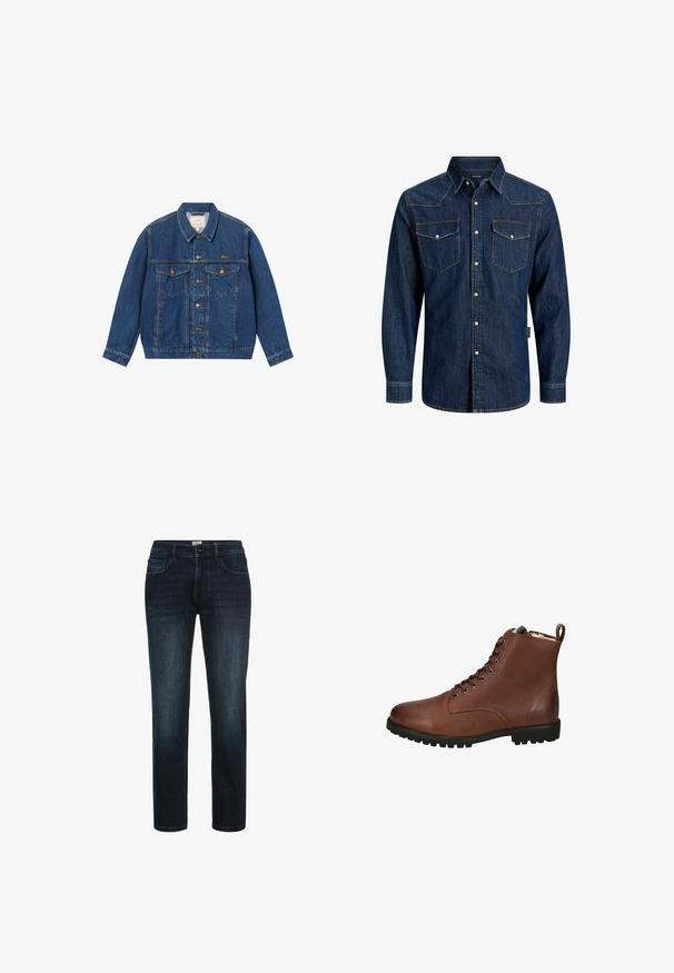 BLKVIS SCRIPT - Cowboyjakker - mid blue; Mørkeblå denimskjorte med lange ærmer, knaplukning, to brystlommer med knapper og en spids krave.; Mørk vaskede denimjeans med lige ben, der har fem lommer, knaplukning og subtil fading langs lårene.; Brune læder ankelstøvler med en tekstureret overflade, snørebånd fortil, rund tå og en kraftig gummisål. Inkluderer en pull-tab bagpå.