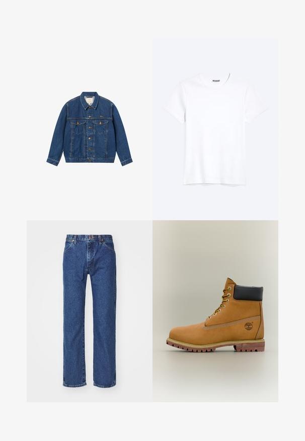 BLKVIS SCRIPT - Cowboyjakker - mid blue; Enkelt hvid T-shirt med korte ærmer og rund hals med synligt WEEKDAY-mærke i kraven, vist på en lys baggrund.; Straight-leg blå denim jeans med frontknap, lynlås, bæltestropper og fem-lomme design på en ensfarvet hvid baggrund.; Brun læderankelstøvle med sort krave, gule snørebånd og tanfarvet sål. Har logo og hvide syninger som detalje. Robust ydersål med greb.