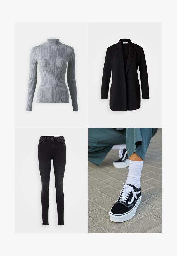 Čierny oblekový blazer vyrobený z hladkého materiálu, s klopovým golierom, dlhými rukávmi a otvoreným predným dielom bez gombíkov alebo kovania.; Sivý rebrovaný rolák s dlhými rukávmi, vyrobený z pleteného materiálu. Má priliehavý strih a vysoký golier pre zvýšenie tepla.; Čierne skinny džíny vyrobené z denimu, s klasickým dizajnom piatich vreciek, prešitými švami a vysokým pásom. Hladká textúra a zúžený strih.; Čierne semišové tenisky s bielymi akcentmi a šnúrkami, s hrubou bielou podrážkou a kontrastným prešívaním, doplnené o bielu ponožku.