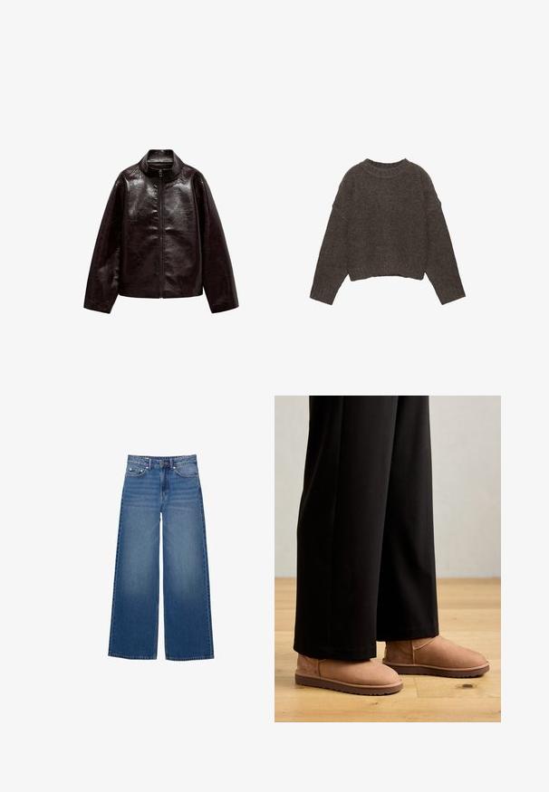 Brun faux læderjakke med høj krave, fuld lynlås lukning og en glat, blank overflade. Har en afslappet pasform og lange ærmer.; Brun, kort trøje med struktureret strikkedesign, brede ærmer og ribbet halsudskæring, med en afslappet pasform.; Vidde-ben denimjeans i en mellemblå vask, med høj talje, fem-lomme design og syningsdetaljer langs sømmene.; Brune ruskinds ankelstøvler med flad gummisål, rund tå og minimal syning, båret med sorte brede bukser på et trægulv.