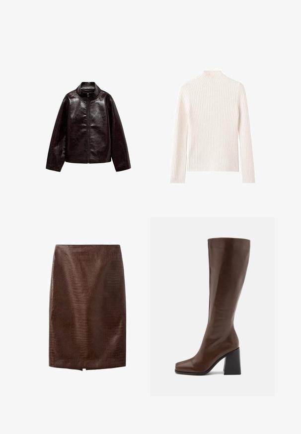 Bruine neplederen jas met een hoge kraag, volledige ritsluiting en een gladde, glanzende textuur. Beschikt over een ontspannen pasvorm en lange mouwen.; Geribbelde coltrui in off-white, gemaakt van zachte gebreide stof. Heeft lange mouwen en een aansluitend silhouet.; Donkerbruine kokerrok van nep krokodillenleer met een kleine voorste split aan de zoom, knielengte, zonder zichtbare sluitingen of versieringen.; RAID RENZO - Laarzen - brown