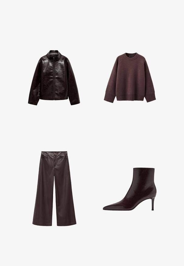 Brun faux læderjakke med høj krave, fuld lynlås lukning og en glat, blank overflade. Har en afslappet pasform og lange ærmer.; Løs pasform sweater i mørk bordeaux, lavet af blødt strikket stof. Har en ribstrikket rund hals, vide ærmer og en ribstrikket kant.; Brune faux læder wide-leg bukser med høj talje, der har forlommer og klassisk knaplukning. Glat tekstur og mat finish.; Bordeaux læder ankelstøvle med spids tå, slankt design og høj stilettohæl. Glat tekstur med subtile korndetaljer.