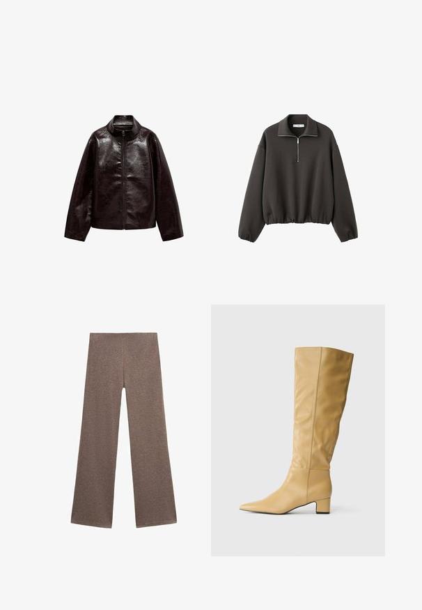 Veste en simili cuir brun avec un col montant, fermeture éclair intégrale et une texture lisse et brillante. Caractéristiques : coupe décontractée et manches longues.; Sweat-shirt à col montant gris foncé, avec une courte fermeture éclair à l'avant et un ourlet élastiqué. Tissu doux avec une coupe décontractée et ample.; Pantalons larges marron en tissu doux et texturé. Le design présente une taille haute et une coupe ample, idéale pour un look décontracté.; Botte en cuir beige montée jusqu'au genou avec un petit talon carré et un bout pointu, présentée en profil latéral sur un fond blanc.
