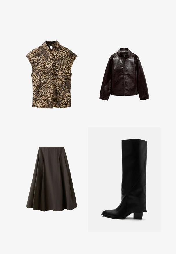 Veste en simili cuir brun avec un col montant, fermeture éclair intégrale et une texture lisse et brillante. Caractéristiques : coupe décontractée et manches longues.; Haut imprimé léopard avec col montant, manches courtes à emmanchures raglan et détail en forme de trou de serrure au niveau du col. Le tissu a une texture lisse et légèrement brillante.; Jupe noire trapèze à taille haute avec ourlet évasé, fabriquée en tissu lisse, présentée sur fond blanc.; Botte haute en cuir noir avec couture inclinée, bout pointu et talon épais de taille moyenne sur fond blanc.