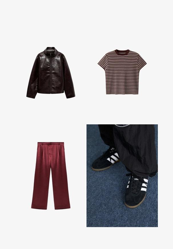 Veste en simili cuir brun avec un col montant, fermeture éclair intégrale et une texture lisse et brillante. Caractéristiques : coupe décontractée et manches longues.; Haut tricoté marron à manches courtes avec des rayures horizontales blanches et un col rond sur fond blanc.; Pantalons larges bordeaux en satin avec une texture lisse, dotés d'une taille haute et de deux poches latérales pour un détail fonctionnel.; Des chaussures de sport en suède noir avec trois rayures blanches et des lacets noirs. Un pantalon noir texturé est partiellement visible à côté des chaussures.