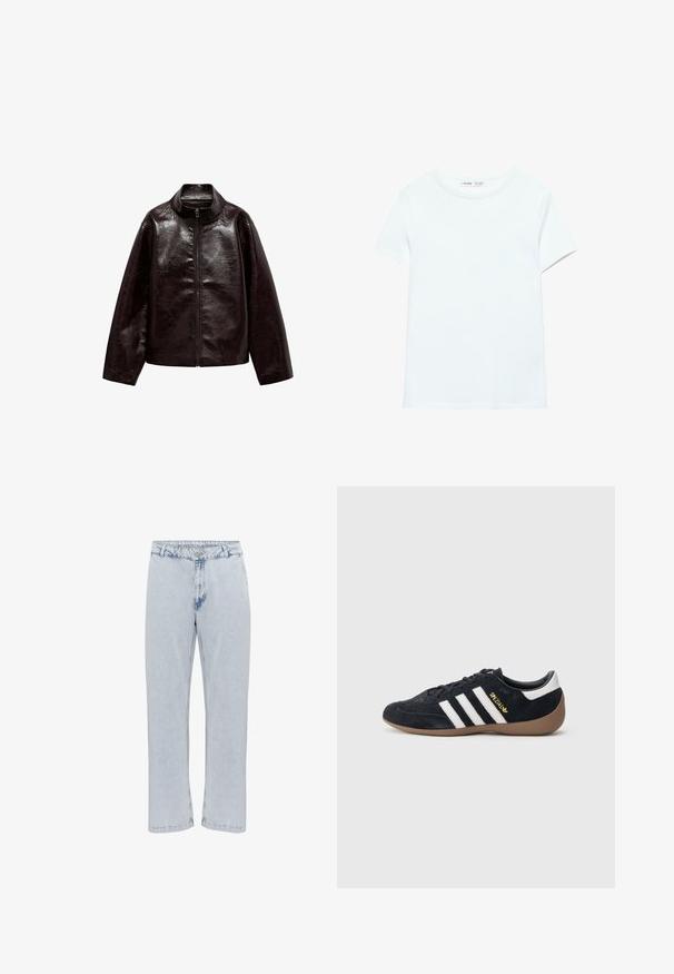 Brun faux læderjakke med høj krave, fuld lynlås lukning og en glat, blank overflade. Har en afslappet pasform og lange ærmer.; Ensfarvet hvid kortærmet bomuldst-shirt med rund hals, vist fladt på hvid baggrund, uden synlige mønstre eller logoer.; Lyseblå denimjeans med lige ben, der har en konventionel knap- og lynlås-lukning og en let slidt tekstur.; Sort ruskindssneaker med tre hvide striber, gummisål og et lille gyldent logo på siden. Har en glat sort foring indvendigt.
