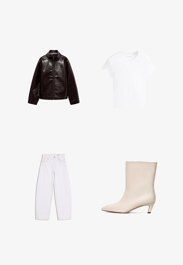 Bruine neplederen jas met een hoge kraag, volledige ritsluiting en een gladde, glanzende textuur. Beschikt over een ontspannen pasvorm en lange mouwen.; Effen witte korte mouw cropped t-shirt met ronde hals, weergegeven op een witte achtergrond.; Witte high-waist jeans met rechte pijpen, voorzien van een knoop aan de voorkant, riemlussen en voor- en achterzakken, plat neergelegd op een witte achtergrond.; Beige leren enkelboot met een pointed toe en een conische hak. Gladde textuur met minimale stiknaden en een slanke silhouet.