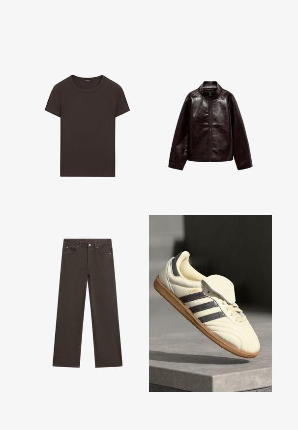 Brun faux læderjakke med høj krave, fuld lynlås lukning og en glat, blank overflade. Har en afslappet pasform og lange ærmer.; Brun bomulds-t-shirt med korte ærmer, rund halsudskæring og ribbet tekstur. Simpelt design uden synlige mønstre eller detaljer.; Brune, vidde bukser lavet af denim. Har to forlommer, en knap og en lynlås. Glat tekstur med et enkelt design.; Cremefarvede lædersneakers med tre mørke striber, en brun gummisål og en afrundet tå. Har en foldbar tunge mærket "SAMBA."