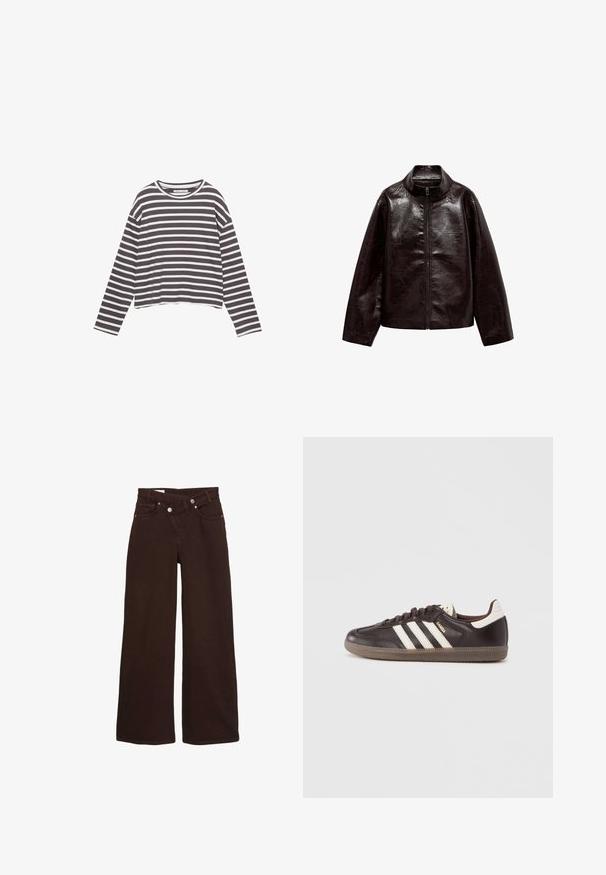 Veste en simili cuir brun avec un col montant, fermeture éclair intégrale et une texture lisse et brillante. Caractéristiques : coupe décontractée et manches longues.; T-shirt à manches longues en tissu doux avec des rayures horizontales grises et blanches, col rond et coupe courte décontractée.; Jean taille haute, coupe large, couleur marron, avec fermeture éclair et bouton à l'avant, comprenant des poches avant et arrière.; Baskets en cuir marron foncé avec un design à trois bandes blanches, une semelle en caoutchouc et l'inscription "Samba" en lettres dorées sur le côté. Forme classique basse.