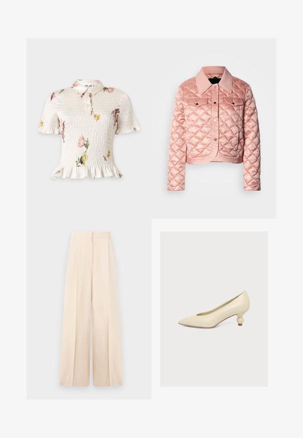 Veste matelassée rose clair avec col, boutons-pression, deux poches avant et coupe courte. Texture lisse avec motifs en losange.; Blouse blanche à manches courtes froncées, ourlet volanté, imprimé floral, col et trois boutons à l'avant.; Pantalon taille haute à jambes larges en tissu beige clair avec plis devant et ceinture avec passants.; Escarpin couleur crème à bout pointu avec un talon empilé court et rond et une finition mate lisse sur un fond uni clair.