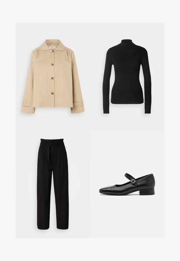 Veste en coton beige avec un col arrondi, fermeture à boutons à l'avant et deux poches latérales. Présente des détails froncés aux épaules et aux poignets.; Pull à col roulé noir en maille légère. Il possède des manches longues, une coupe ajustée et une texture côtelée douce.; Pantalon noir taille haute à jambes larges, avec plis avant et une ceinture en tissu avec une boucle circulaire. Texture lisse et design ajusté.; Chaussures Mary Jane en cuir noir avec un embout en vernis, une sangle cheville réglable et un petit talon carré. Texture lisse et design élégant.