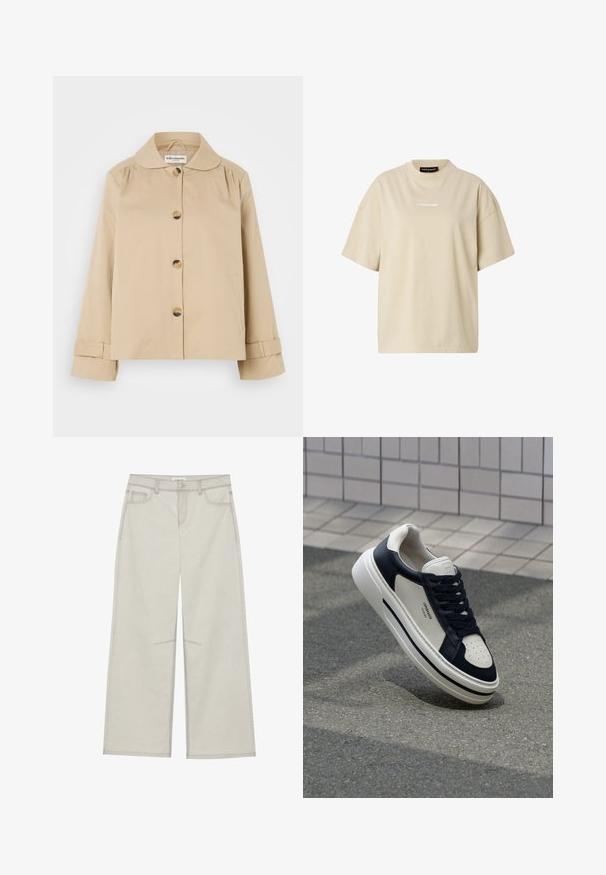 Beige katoenen jas met een ronde kraag, sluiting met knopen aan de voorkant en twee zijzakken. Kenmerkende plooidetails op de schouders en manchetten.; Beige oversized T-shirt met korte mouwen, ronde hals en een klein wit "REGARD" logo in het midden van de borst.; Lichtgrijze wijde broek met vijf zakken, sluiting met een knoop aan de voorkant en contrasterende stiksels langs de naden. De stof lijkt zacht en duurzaam te zijn.; Witte en marineblauwe leren sneakers met geperforeerde neus, veters en een getextureerde rubberen zool, met branding op de zijkant.