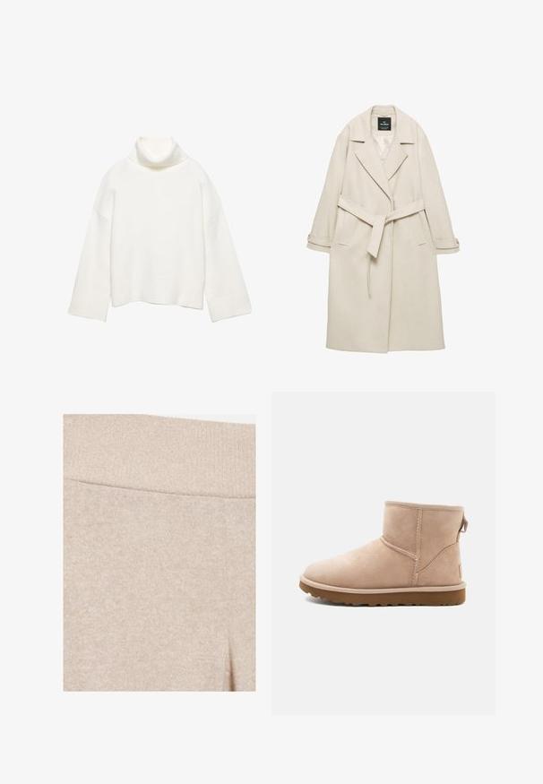 Manteau en laine couleur crème avec une taille ceinturée, de larges revers et des poches latérales. Il présente des manches longues et une texture lisse, sans ornement.; Pull à col roulé blanc en tissu doux, présentant une coupe décontractée, des épaules tombantes et des poignets et un ourlet larges côtelés.; Gros plan sur un pantalon en maille beige avec une ceinture élastique côtelée et un tissu doux et texturé.; Bottine en daim beige à bout arrondi, avec des accents cousus et une semelle en caoutchouc brun texturé. Elle se distingue par une languette à l'arrière.