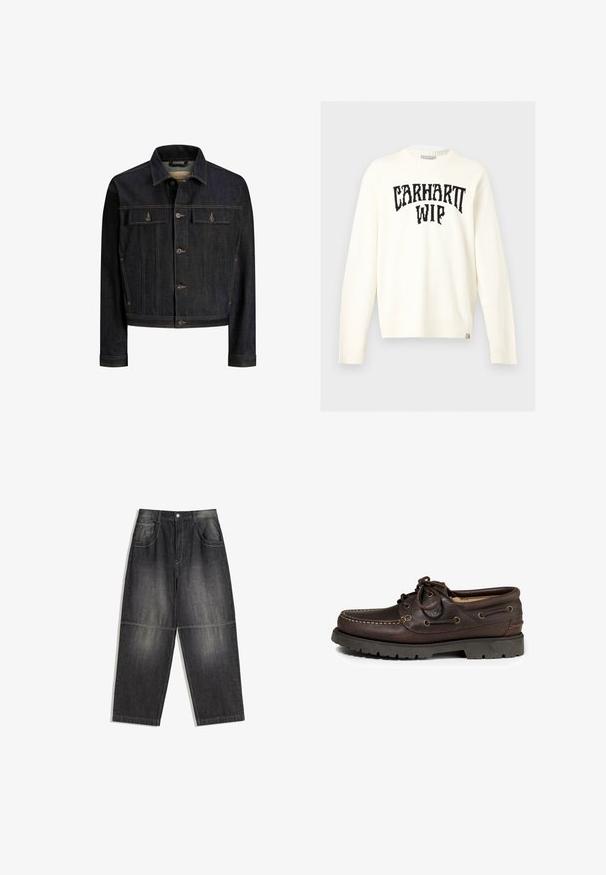 Mørkeblå denimjakke med knaplukning foran, to brystlommer med klap, lange ærmer og kontrastsyning.; Off-white langærmet crewneck sweater med sort "CARHARTT WIP" tekst tværs over brystet og et lille mærke nederst på kanten.; Mørkegrå denimbukser med en løs pasform, to forlommer og kontrasterende syninger. Stofmet har en let falmet udseende.; Brune læder bådsko med rund tå, stiksøm detaljer og metaløjer til snørebånd. Gummisål med mønster.