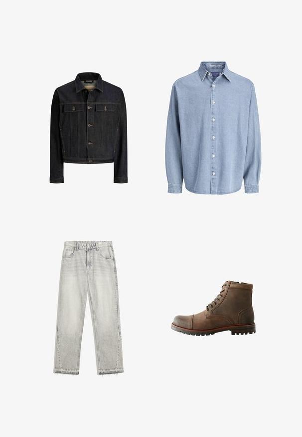 Donkerblauw spijkerjasje met knopen aan de voorkant, twee borstzakken met klep, lange mouwen en contrasterende stiksels.; Lichtblauwe denim lange mouw knoophemd met kraag en witte knopen, weergegeven tegen een effen witte achtergrond.; Lichtgrijze denim jeans met een licht vervaagde afwerking, rechte snit, vijf-pocketontwerp en rafelige zoom. Platte tailleband met riemlussen.; Bruine leren enkelboot met ronde neus, gewatteerde kraag, zes ogensluiting en gestructureerde rubberen zool. Gestikte accenten aan de zijkanten.