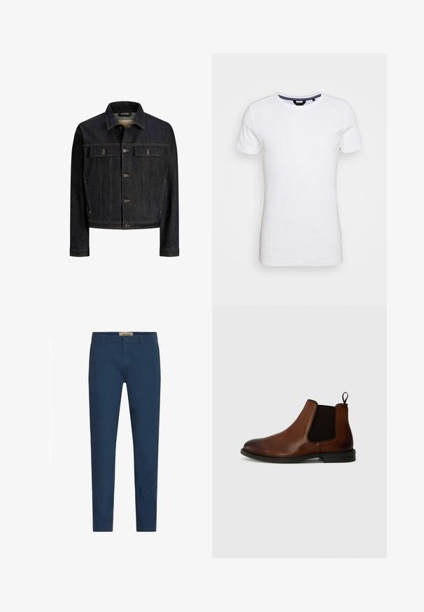 Dunkelblaue Jeansjacke mit Knopfleiste vorne, zwei aufgesetzten Brusttaschen mit Klappe, langen Ärmeln und kontrastierenden Nähten.; Lindbergh T-Shirt basic - white; Marineblaue Slim-Fit-Hosen für Herren mit Gürtelschlaufen, Frontknopfverschluss und Seitentaschen, vor einem weißen Hintergrund präsentiert.; Braune Leder-Chelsea-Stiefel mit elastischen Seitenpanelen, runder Zehenpartie und Zugschlaufe. Schwarze Gummisohle mit leichtem Absatz. Glatte Textur.