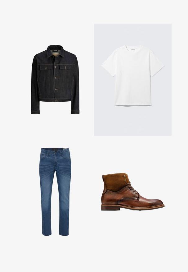 Dunkelblaue Jeansjacke mit Knopfleiste vorne, zwei aufgesetzten Brusttaschen mit Klappe, langen Ärmeln und kontrastierenden Nähten.; Weißes T-Shirt mit kurzen Ärmeln und Rundhalsausschnitt, flach liegend, schlichtes Design, mit „WEEKDAY“-Etikett innen im Kragen auf hellem Hintergrund.; Denim-Jeans in einem mittleren Blauton mit geradem Schnitt. Zu den Merkmalen gehören das klassische Fünf-Taschen-Design und dezente Verblassungsmuster auf dem Stoff.; Kazar ALID - Schnürstiefelette - brown