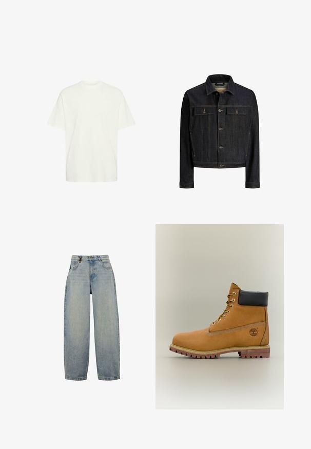 Veste en denim bleu foncé avec fermeture à boutons, deux poches poitrine à rabat, manches longues et surpiqûres contrastantes.; T-shirt en coton blanc à coupe ample, col rond, manches courtes et ourlet plat, présentant une texture lisse et sans motifs visibles.; Jean en denim bleu clair avec une coupe décontractée, dotée d'une taille haute, de jambes larges, d'un design classique à cinq poches et d'accents matériels en métal.; Bottine en cuir marron avec col noir, lacets jaunes et semelle beige. Présente un logo et des détails de couture blanche. Semelle extérieure à traction robuste.