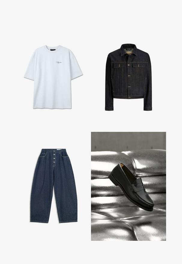 Donkerblauw spijkerjasje met knopen aan de voorkant, twee borstzakken met klep, lange mouwen en contrasterende stiksels.; Wit T-shirt met korte mouwen, voorzien van een klein zwart "Pegador"-logo op de linkerborst, ronde hals en een losse pasvorm.; Donkerblauwe denim brede broek met een hoge taille, vijfknopen sluiting en vijf zakken. Heeft stiksels op de naden.; Zwarte leren loafer zweeft boven een glanzende zilveren leren bank met knopen in een minimalistische setting.