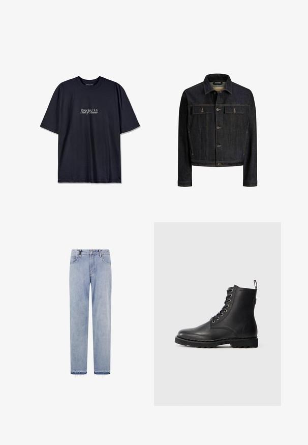 Dunkelblaue Jeansjacke mit Knopfleiste vorne, zwei aufgesetzten Brusttaschen mit Klappe, langen Ärmeln und kontrastierenden Nähten.; Schwarzes Baumwoll-T-Shirt mit Rundhalsausschnitt, auf der Vorderseite mit einem weißen Drucklogo "Pescador Club" und "Scent of Summer" versehen. Kurze Ärmel.; Hellblaue Denim-Jeans mit geradem Bein, Vordertaschen, Gürtelschlaufen, Knopfverschluss und ausgefransten Säumen.; Schwarze Lederstiefelette mit runder Zehenform, Schnürdesign und Metallösen. Verfügt über eine strukturierte Sohle und einen Zuglasche an der Ferse für einfachen Einstieg.
