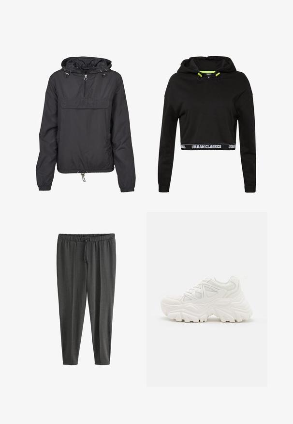 Chaqueta cortavientos negra con media cremallera delantera, capucha ajustable, bolsillo frontal, puños elásticos y dobladillo ajustable con cordón.; Sudadera negra corta hecha de tela suave, con capucha ajustable y detalles en verde, además de una cinta con logo blanco a lo largo del dobladillo.; Pantalones jogger de color gris oscuro, ligeros, hechos de tela suave. Cuentan con una cinturilla elástica con cordón y piernas estrechadas. Textura lisa.; Zapatillas deportivas blancas y gruesas con un upper texturizado, paneles de malla y suelas de goma gruesas con un patrón de relieve prominente. Incluyen cordones y una lengüeta.