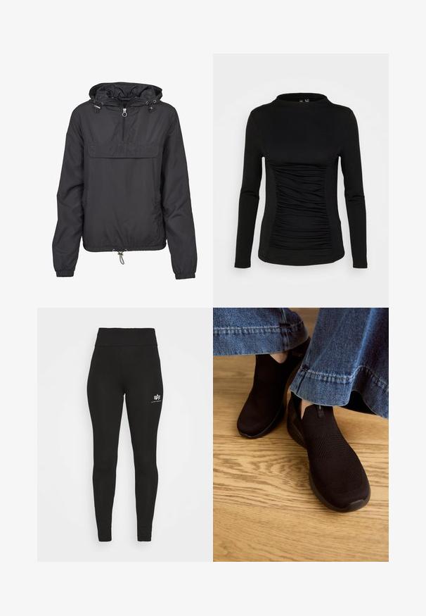 Veste coupe-vent noire avec un zip avant mi-hauteur, capuche ajustable, poche avant, poignets élastiques et ourlet avec cordon de serrage ajustable.; Pieces PCMAXA MOCK NECK - T-shirt à manches longues - black; Leggings noirs avec une taille haute, texture lisse et un accent de logo blanc sur la cuisse gauche. Coupe ajustée et matériau extensible.; Chaussures noires à enfiler avec un dessus en tricot texturé et une ouverture élastique. Forme de bout arrondi et semelle rembourrée à profil bas, portées avec un ourlet en denim.