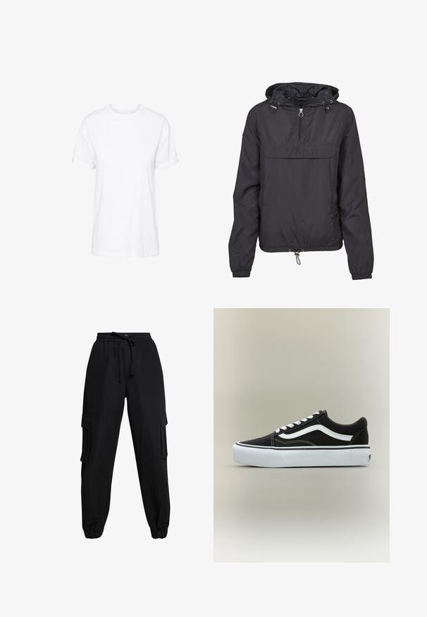 Sort vindjakke med halv lynlås foran, justerbar hætte, frontlomme, elastiske manchetter og justerbar snor i kanten.; Hvid bomulds t-shirt med korte ærmer, rund hals og en afslappet pasform, med en glat tekstur og uden synlige mønstre.; Sorte cargo-bukser lavet af letvægtsstof, med elastisk talje, snøre og sidelommer. Manchetter ved anklerne fuldender designet.; Lavtop sort sneaker med hvid side stribe, hvide snørebånd, hvid gummisål og tekstureret tåhætte på neutral baggrund.