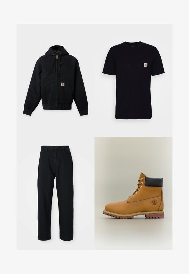Schwarze Kapuzenjacke mit Reißverschluss, Fronttaschen, Kordelzügen und einem kleinen quadratischen Logopatch auf der unteren Vorderseite.; Schwarzes Baumwoll-T-Shirt mit kurzen Ärmeln, rundem Hals und einer Brusttasche, die mit einem kleinen, quadratischen Logo-Patch versehen ist. Einfaches, einfarbiges Design.; Schwarze Jeans mit geradem Schnitt. Verfügt über ein klassisches Fünf-Taschen-Design, Knopfverschluss und subtile Stofftextur.; Brauner Leder-Stiefelette mit schwarzem Kragen, gelben Schnürsenkeln und hellbrauner Sohle. Verfügt über ein Logo und weiße Ziernähe. Robuste Profilsohle.
