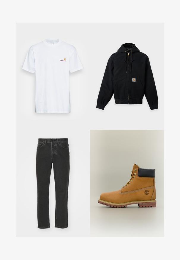 Veste noire à capuche zippée avec poches avant, cordons et un petit patch logo carré en bas au centre devant.; T-shirt en coton blanc à manches courtes. Doté d'un petit logo orange et bordeaux sur la poitrine gauche. Présente un col rond classique.; Jean en denim noir avec une coupe droite, style cinq poches classique, taille avec bouton et finition délavée. Texture lisse, sans motifs visibles.; Bottine en cuir marron avec col noir, lacets jaunes et semelle beige. Présente un logo et des détails de couture blanche. Semelle extérieure à traction robuste.