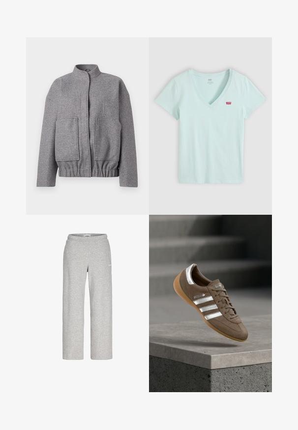 Grå uld-blandet jakke med ståkrave, drop-skulder, to frontlommer og en samlet talje for en afslappet pasform.; Lyseblå T-shirt med korte ærmer og V-hals med lille rødt Levi's-logo på venstre bryst, lagt fladt på en hvid baggrund.; Lysegrå sweatpants med lige ben, elastisk talje og lille hvidt logo på øverste lår.; Brun ruskindssneaker med hvide striber og sølvdetaljer, med tekstureret overdel, snørelukning og gummisål i caramelfarve.