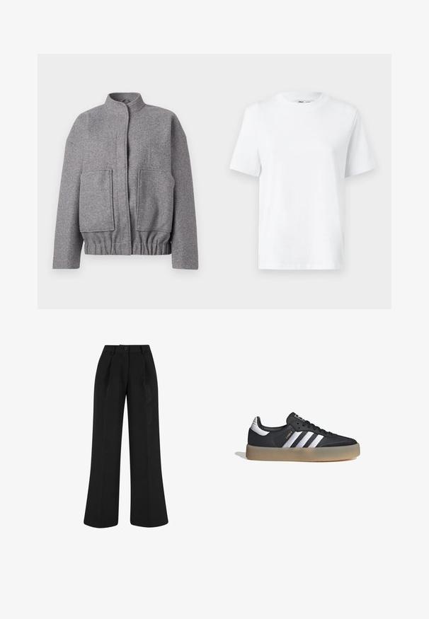 Chaqueta de mezcla de lana gris con cuello alzado, hombros caídos, dos bolsillos frontales y cintura fruncida para un ajuste relajado.; Camiseta de algodón blanca de cuello redondo con mangas cortas y una textura suave. Diseñada con un ajuste relajado para mayor comodidad y versatilidad.; Pantalones negros de talle alto y pierna ancha con pinzas delanteras, trabillas para cinturón y cierre con botón en la cintura.; Zapatilla deportiva de cuero negro con tres rayas plateadas, punta texturizada y suela de goma. Cuenta con un collar acolchado y un diseño con cordones.