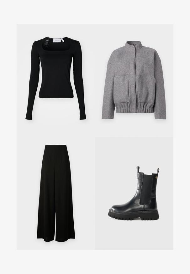 Chaqueta de mezcla de lana gris con cuello alzado, hombros caídos, dos bolsillos frontales y cintura fruncida para un ajuste relajado.; Top negro de manga larga con escote cuadrado. Hecho de una tela suave, presenta una silueta ajustada y detalles de costura sutiles. Etiqueta adjunta.; Vero Moda Tall VMLIVA SUPER WIDE PANTS - Pantalones - black; Botín negro de cuero hasta el tobillo con paneles elásticos en los laterales, tiradores y suela de goma gruesa con surcos profundos para mayor tracción.