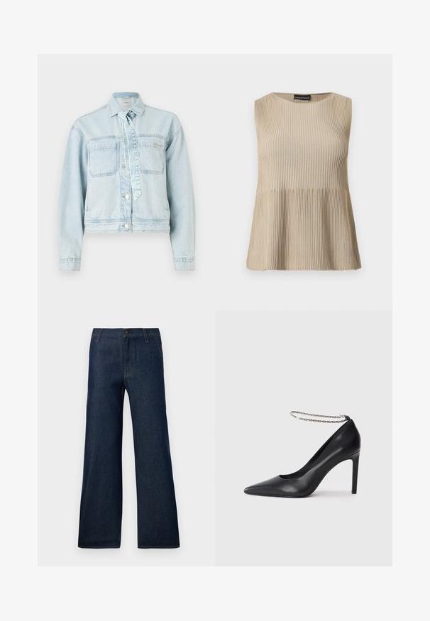 Hellblaues Jeansjackett mit zwei Brusttaschen, einem Kragen und Knopfschluss. Verfügt über ein Bindeband und einen verkürzten Schnitt.; Ärmelloses beiges, geripptes Strickoberteil mit rundem Ausschnitt und ausgestelltem Saum, dargestellt auf weißem Hintergrund.; Dunkelblaue weit geschnittene Jeans aus Denim mit einem klassischen Fünf-Taschen-Design, Knopfverschluss und dezenten Steppnähten.; Schwarze Leder-Pumps mit hohen Absätzen und spitz zulaufender Zehenpartie, ausgestattet mit einem dünnen silbernen Kettenknöchelriemen und einer eleganten, glatten Textur.
